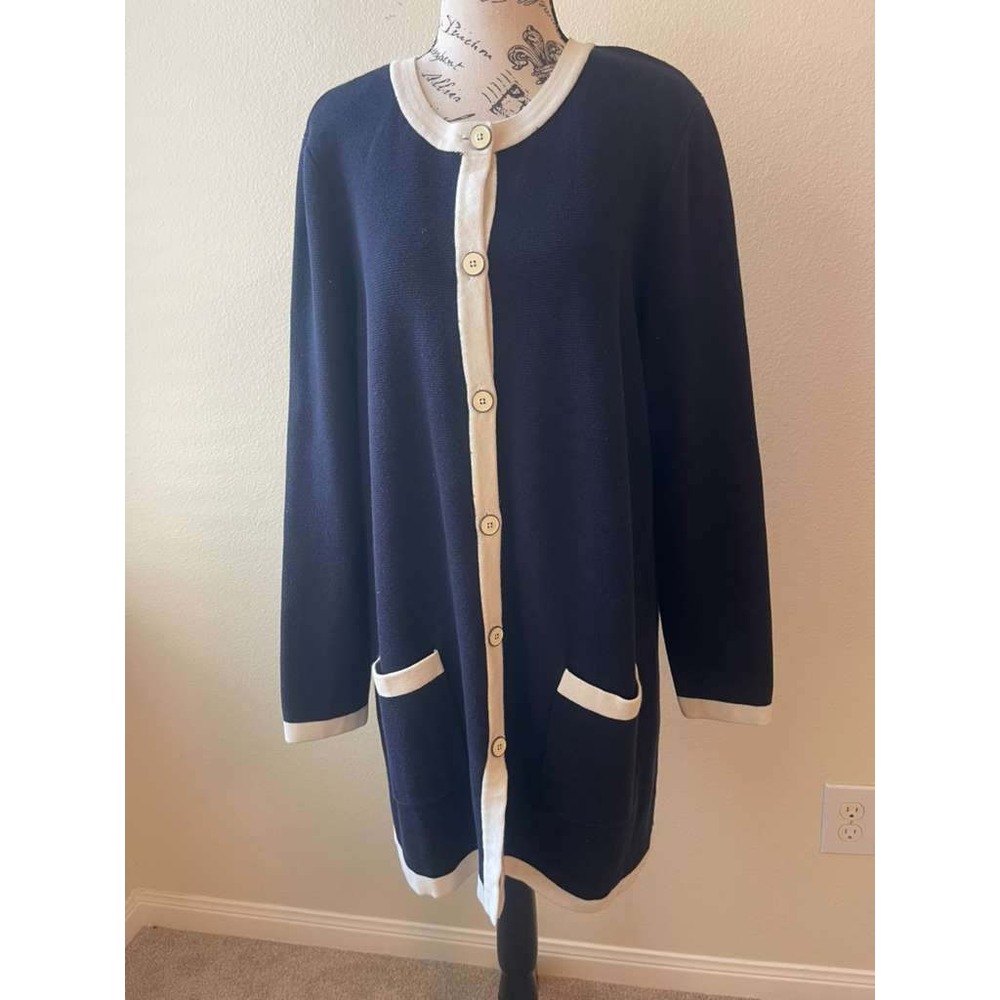 Talbots Navy Blue Cream Contrast Trim Longline Cardigan Sweater XL Cotton Rayon